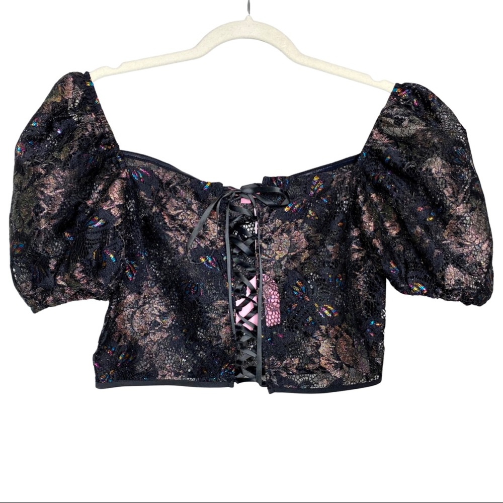 NWT Sugar Thrillz Iridescent Lace Cropped Bustier with Lace Up Front Puff Sleeve